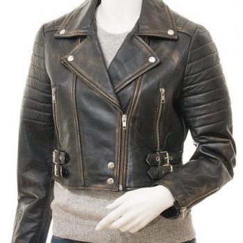 Women's vintage leather jacket with a classic design in USA