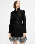 Women's wrap short style black wool coat with a tailored fit in USA