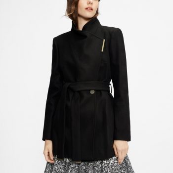 Women's wrap short style black wool coat with a tailored fit in USA