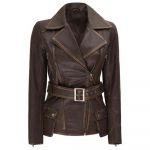 Women's asymmetrical distressed brown leather jacket in USA