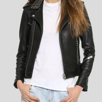 Fashionable women's studded leather jacket in France style