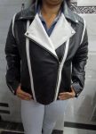 Women's Black and White Lambskin Leather Biker Jacket with Color Block Design in USA