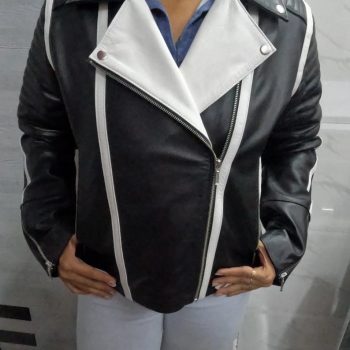Women's Black and White Lambskin Leather Biker Jacket with Color Block Design in USA
