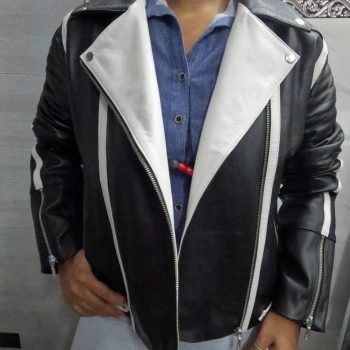 Stylish Women's Black & White Color Block Lambskin Leather Biker Jacket in American Market