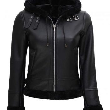 Women's black faux shearling bomber jacket with hood in USA