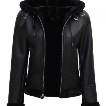Black faux shearling bomber jacket for women in France style