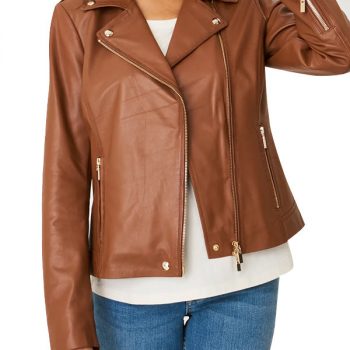 Women's classic brown leather motorcycle jacket in USA