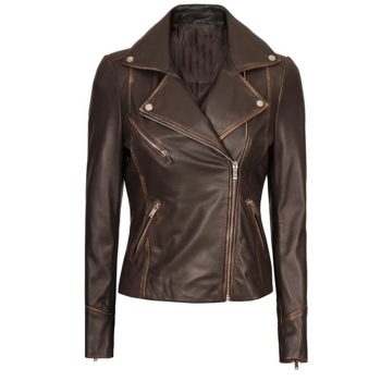 Women's brown vintage leather biker jacket  in USA