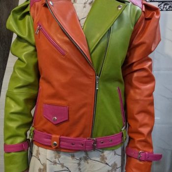 Shop Womens Lambskin Orange, Pink & Green Leather Biker Jacket