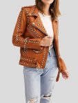 Shop WOMENS MOTO BIKER BROWN STUDDED LEATHER JACKET 1 Womens-Moto-Biker-Brown-Studded-Leather-Jacket