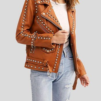 Women's brown studded moto biker leather jacket in USA