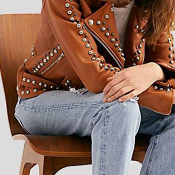 Fashionable studded brown leather jacket for women in France style
