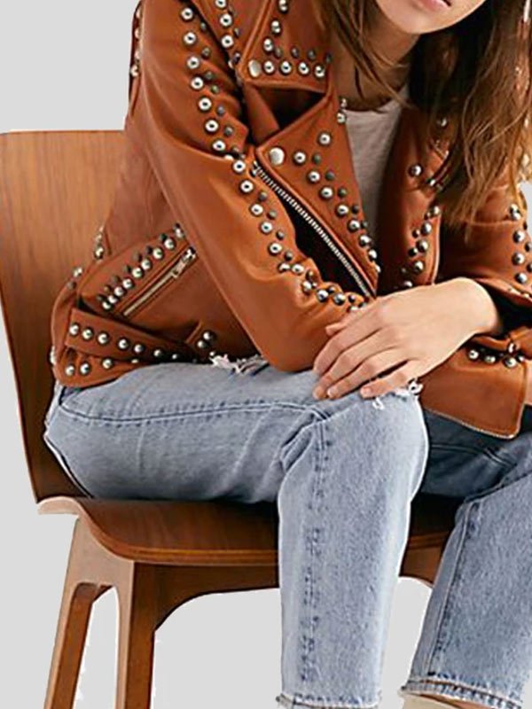 Womens-Brown-Studded-Leather-Jacket-1 Fashionable studded brown leather jacket for women in France style