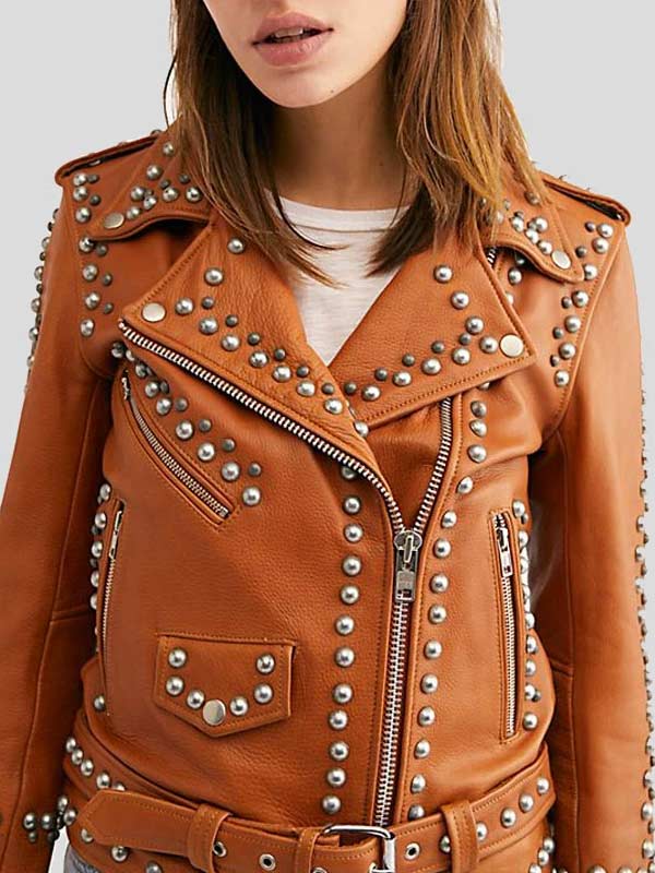Womens-Leather-Silver-Studded-Jacket Edgy women's biker jacket in brown leather with studs in United state market
