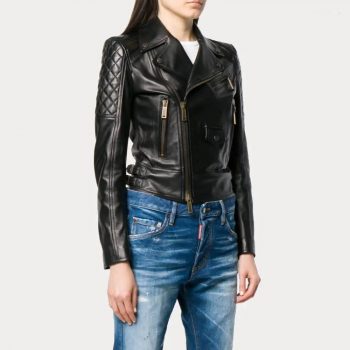 Women's Quilted Black Leather Moto Biker Jacket  in USA