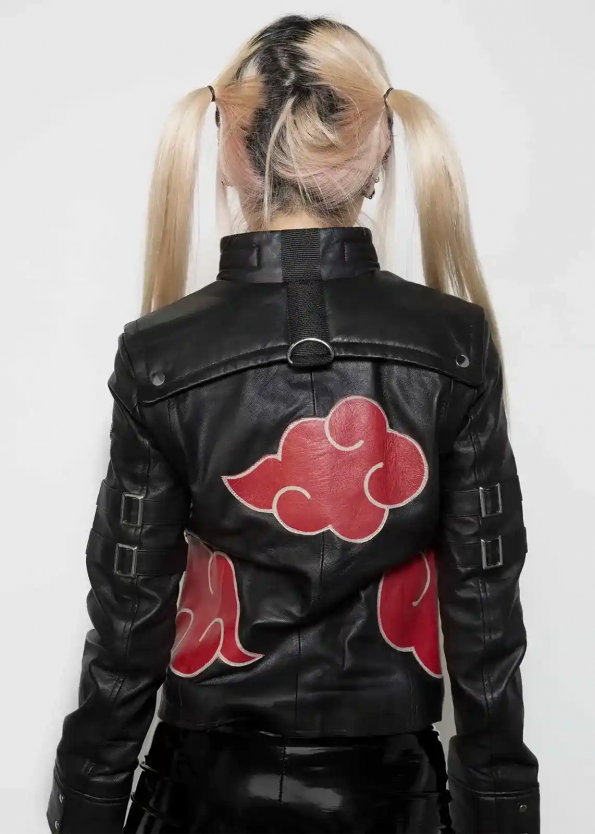 Stylish women's black cloak jacket with red accents in USA