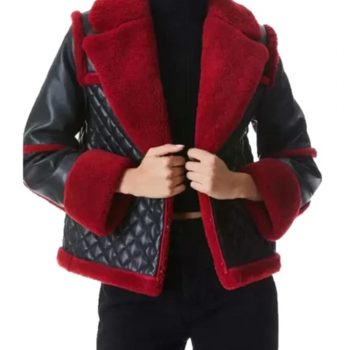 Women's Red Shearling Black Leather Quilted Jacket  in USA