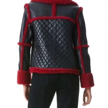 TJS Women's Red Shearling Black Leather Quilted Jacket in American market