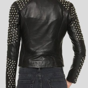 Fashionable black leather moto jacket with studs for women in France style