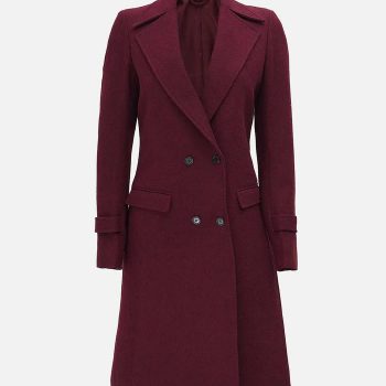 Women’s double breasted maroon wool coat with winter wrap design in USA
