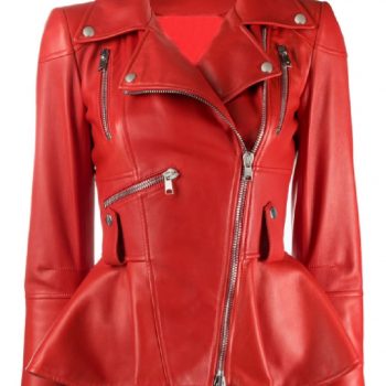 Front View Women’s Red Flared Style Leather Fashion Jacket