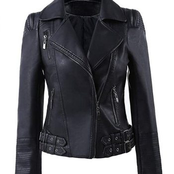 Women's black zip-up moto biker leather jacket in USA