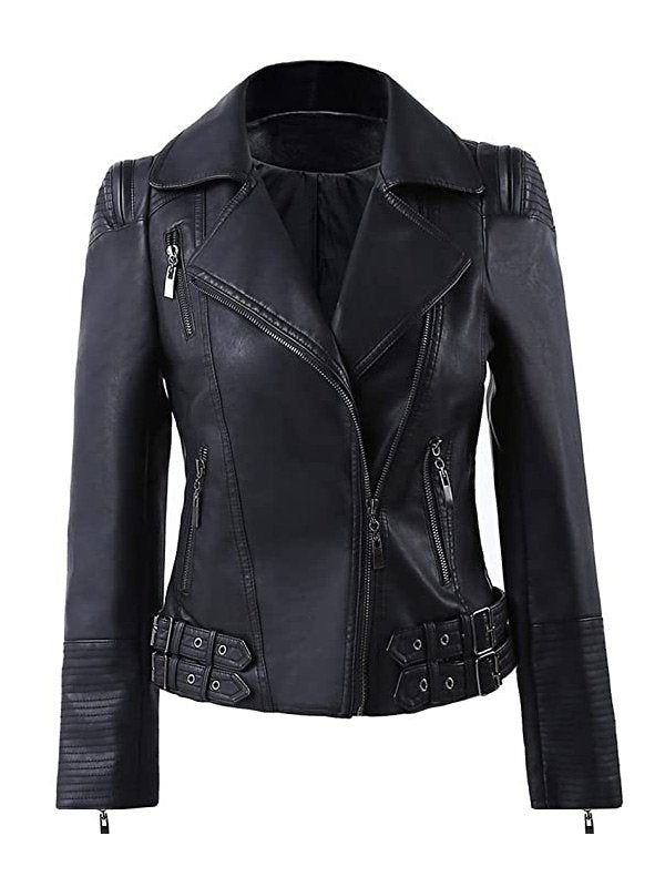 Womens-Zip-Up-Moto-Biker-Leather-Jacket Women's black zip-up moto biker leather jacket in USA