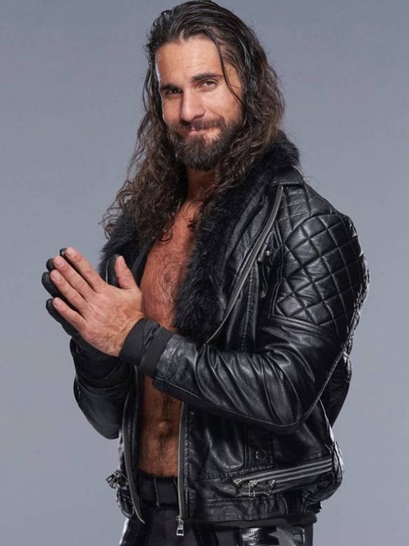 Stylish WWE Seth Rollins Black Leather Jacket with Faux Shearling Collar in American Market