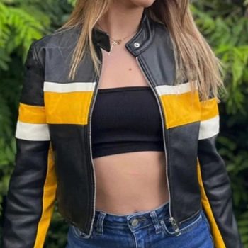 Yellow Stripe Cropped Black Leather Jacket for Women in USA